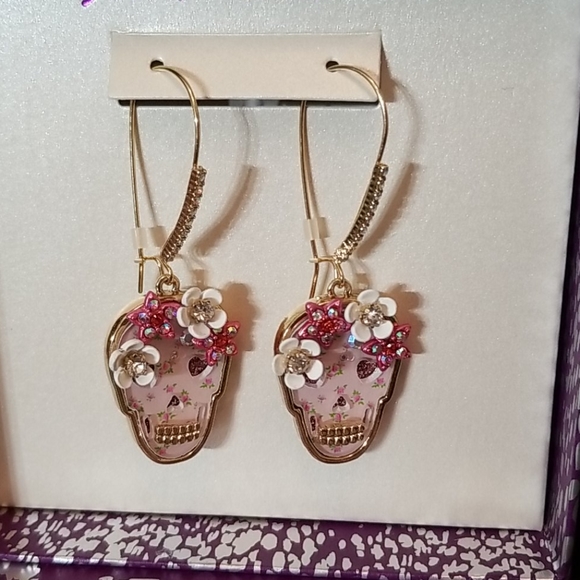 Crystal Accent Pink Floral Skull Drop Earrings - Picture 4 of 6